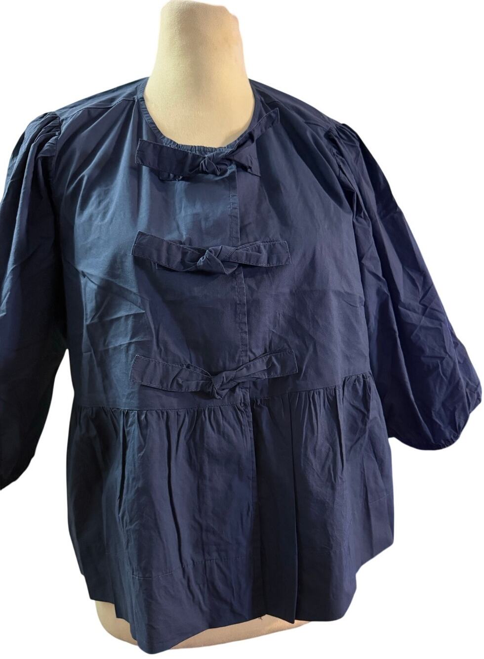 Velvet Heart Navy Blue Bow Accent Peplum Blouse, 100% Cotton Women's Size Medium